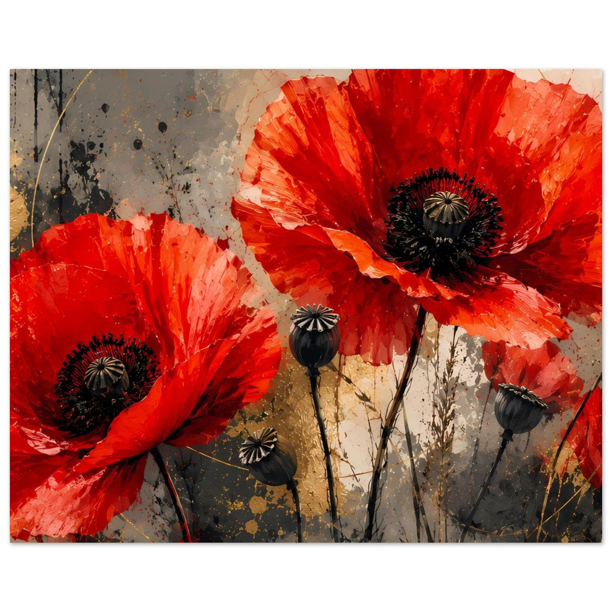 Poster mit roten Mohnblumen und schwarzen Samenkapseln, horizontaler Ausschnitt