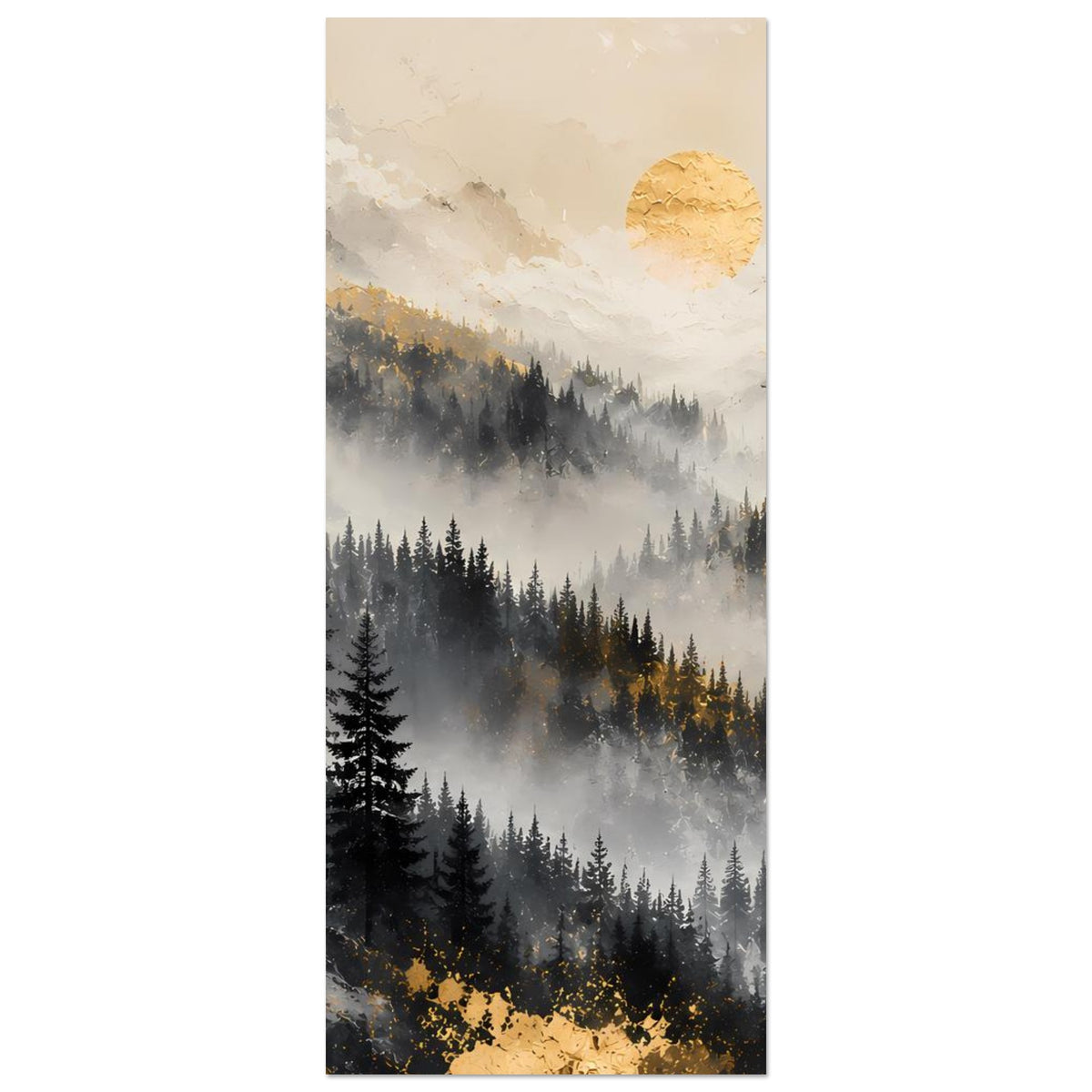 Vertikales Berglandschaftsposter mit Tannenwald, Nebel und goldener Sonne im Hintergrund