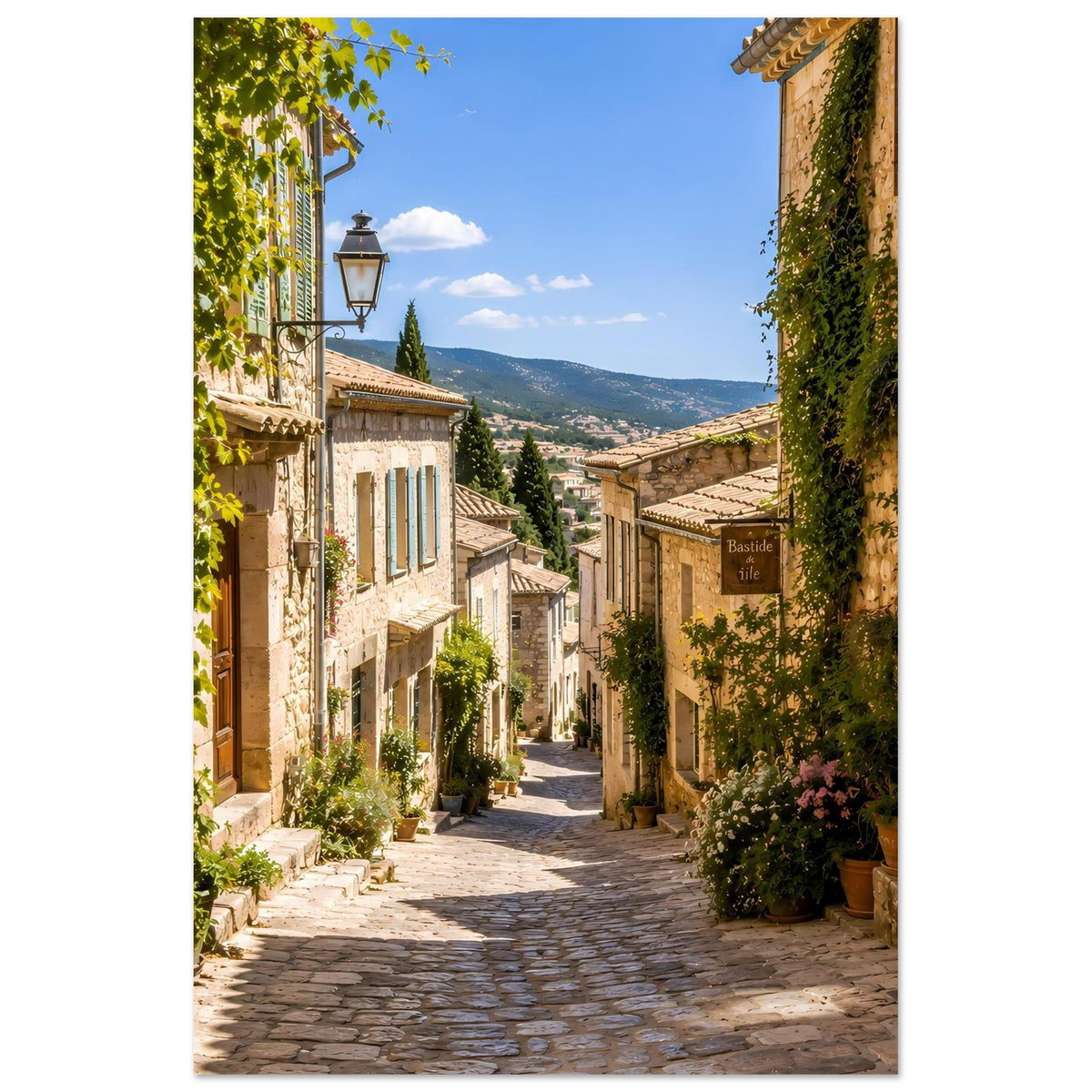 Mediterranes Straßenposter mit Blick in die Gasse, Balkenhäusern, Pflanzen und Kopfsteinpflaster