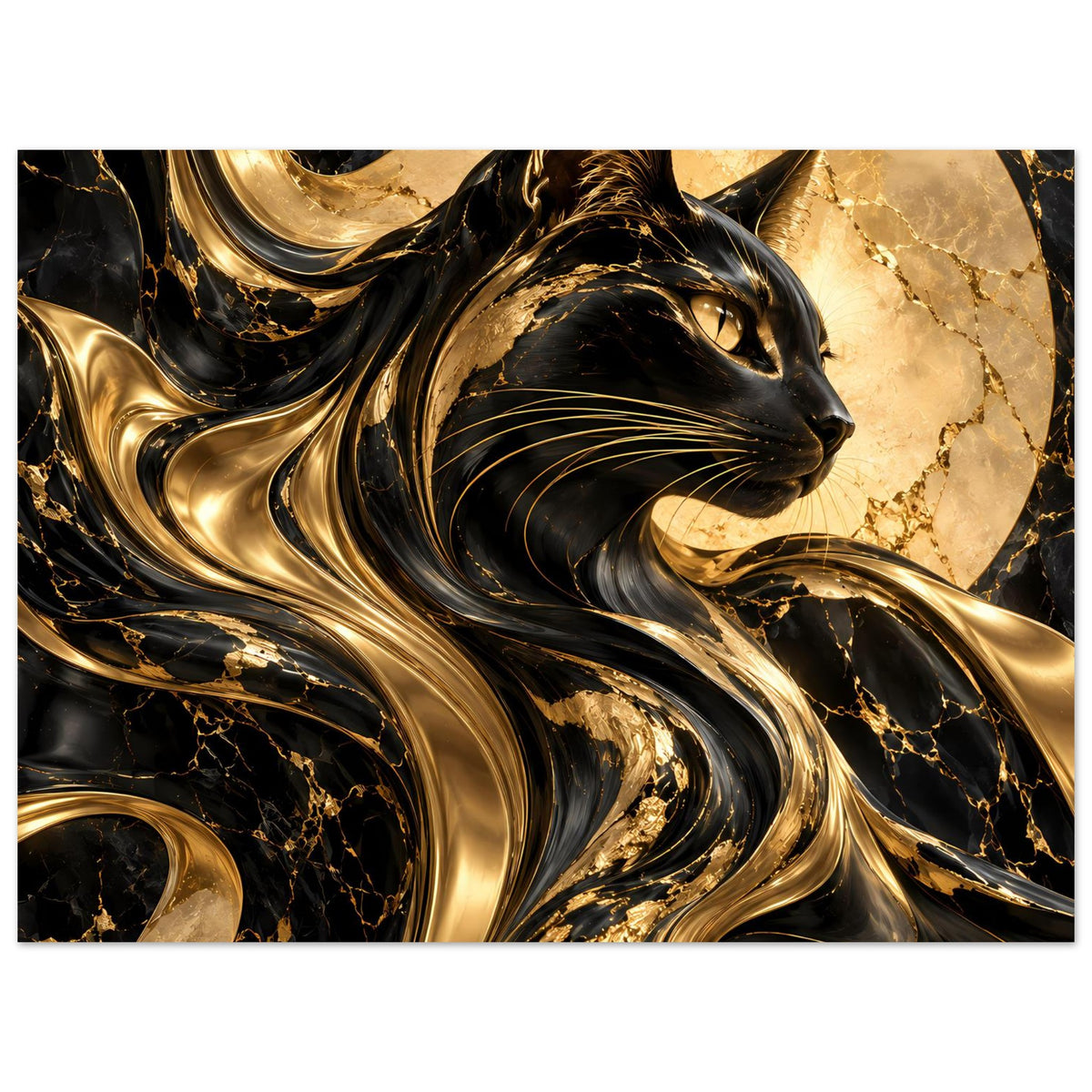 Querformat-Poster mit schwarzer Katze, goldenen Metallwirbeln und Marmorrissen im Hintergrund