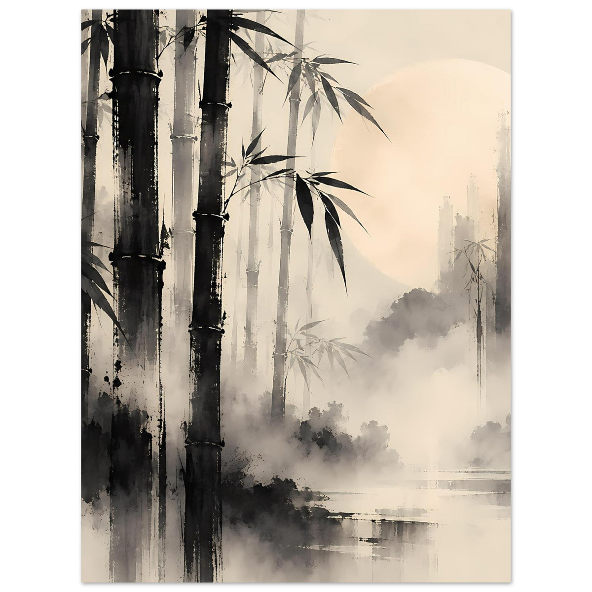 Poster mit Bambuswald in Schwarz-Grau, Nebel- und Wasserlandschaft, Bambusblätter