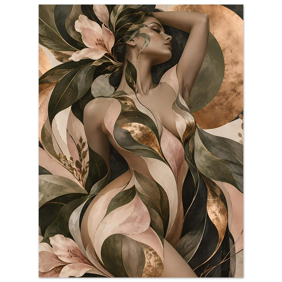 Poster mit Frauenakt-Profil, umgeben von botanischen Blättern in Erdtönen und Gold