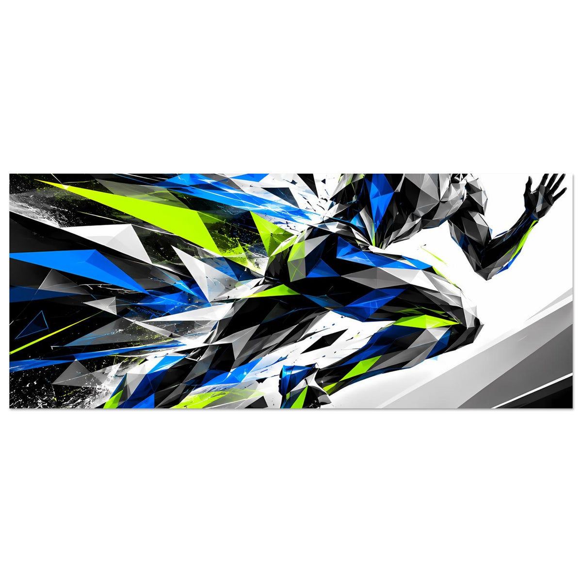 Laufkunst-Poster, breit: abstrakte Läuferfigur mit Blau, Schwarz und Neon-Grün