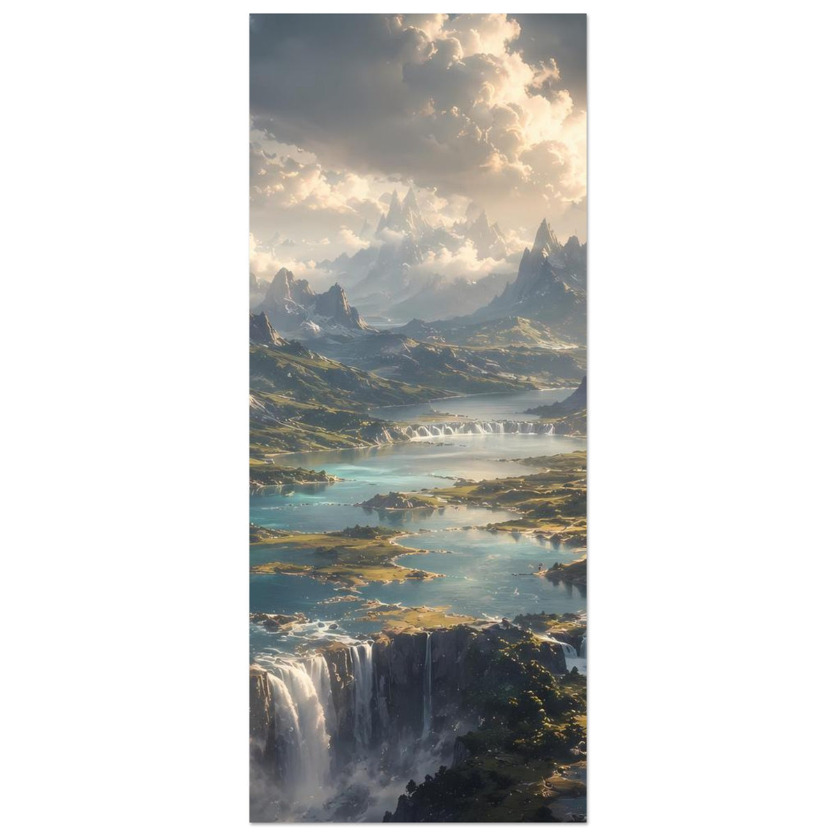 Vertikales Berglandschafts-Poster mit Flusslauf und Wasserfall, Person auf Felsvorsprung