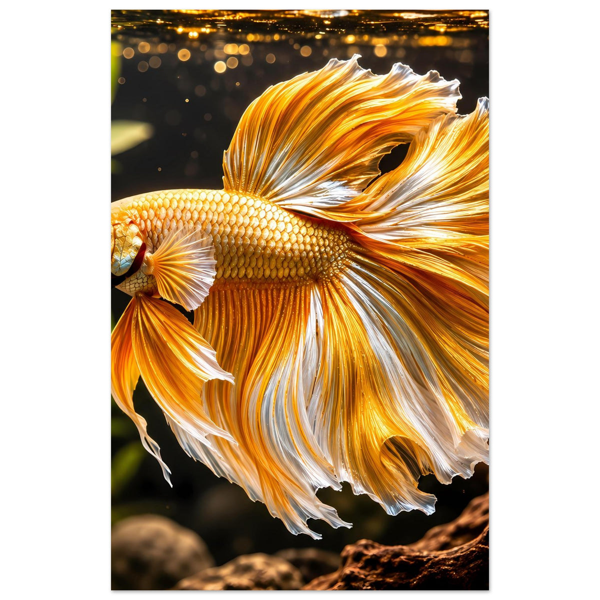 Poster mit gold-orangenem Betta-Kampffisch in Seitenansicht, gefächerte Flossen