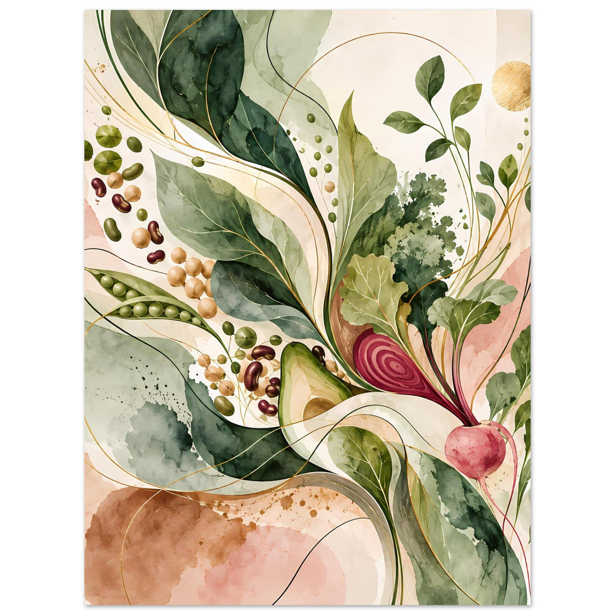 Naturposter mit Blättern, Bohnen und Rübe in Salbei, Beige und Rosé