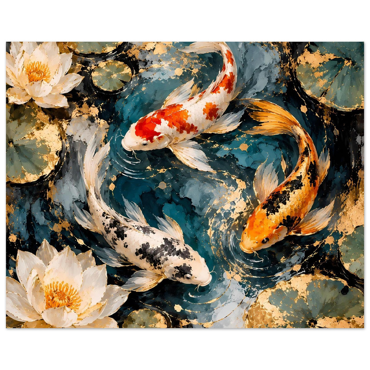 Kunstposter mit Koi-Karpfen, türkis-blaues Wasser und gold-braune Farbsprenkel