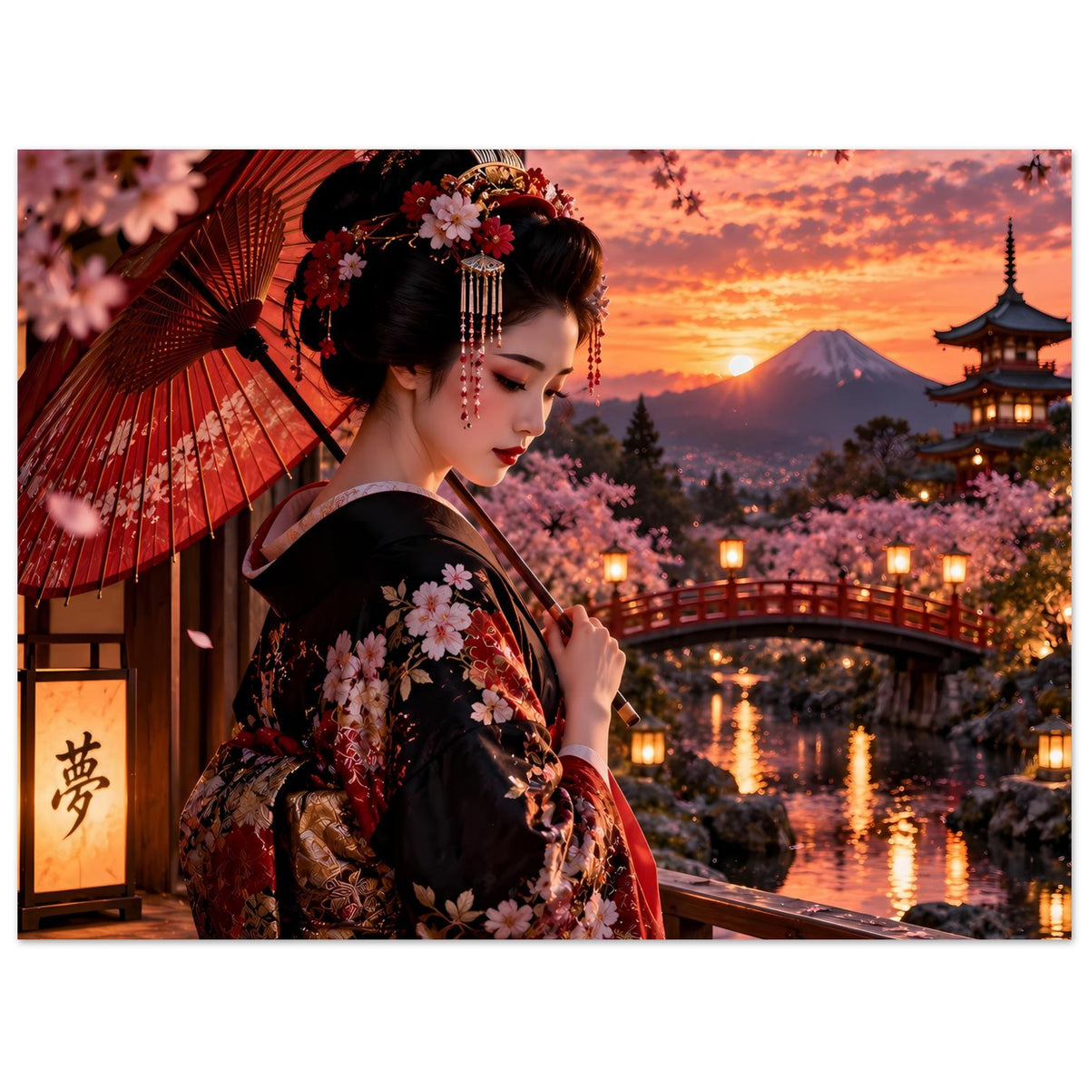 Poster: Frau im Kimono mit Kirschblüten, roter Fächer-Schirm, Pagode im Hintergrund