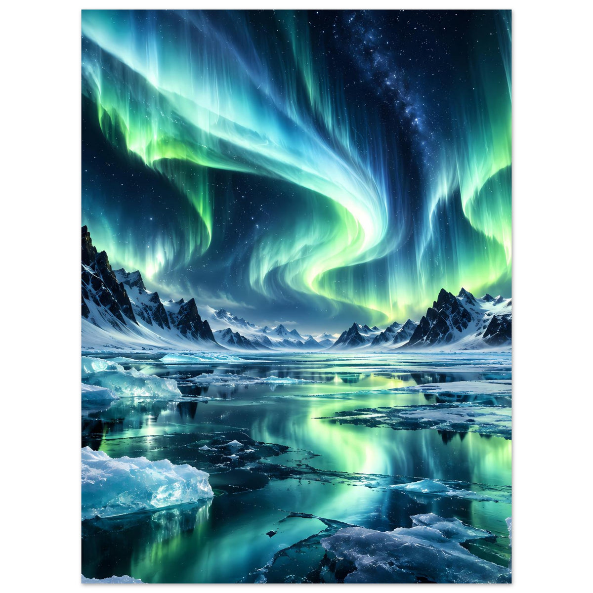 Nordlicht-Poster im Hochformat: leuchtende grün-blaue Lichtbögen über gefrorenem Wasser