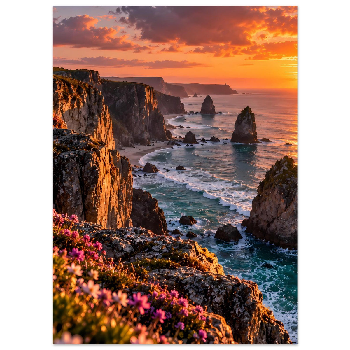 Meerlandschafts-Poster mit Klippen, Wellen und dramatischem Abendhimmel, vertikal