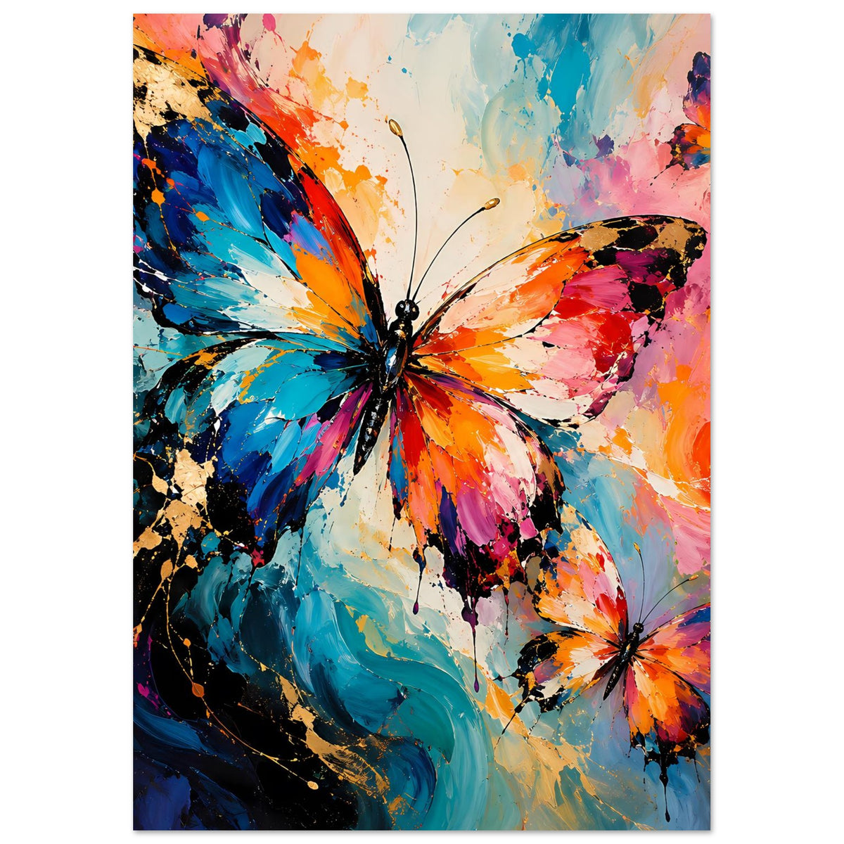 Schmetterlingsposter, vertikal: großer Schmetterling in Blau/Orange/Pink, zweites unten rechts