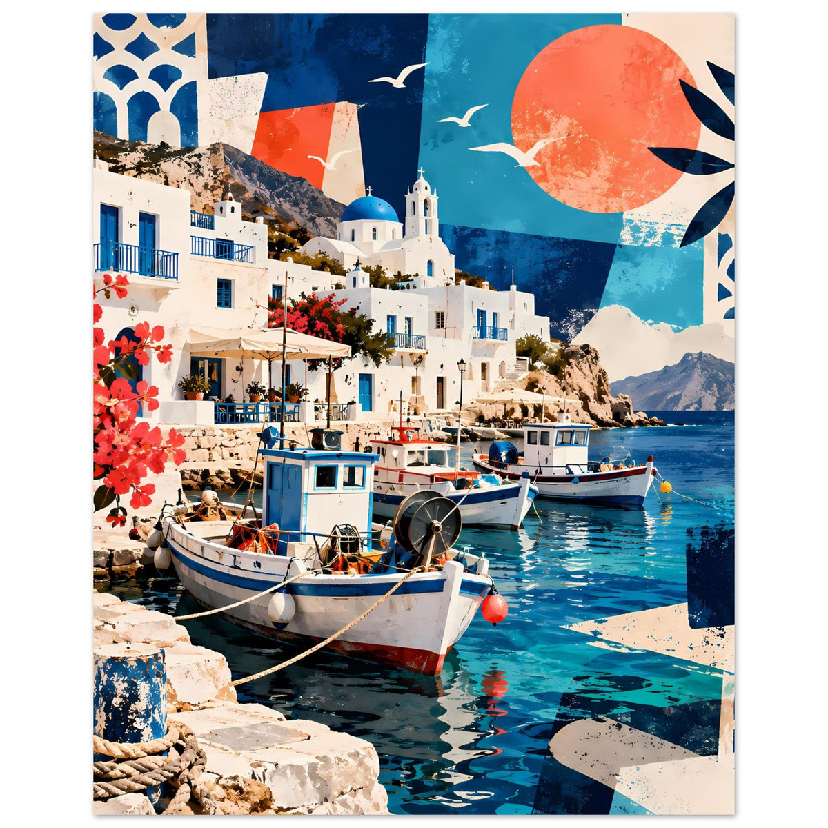 Posterdruck im Hochformat mit Hafenbooten, Küstenhäusern, blauem Meer und orange-roter Sonne