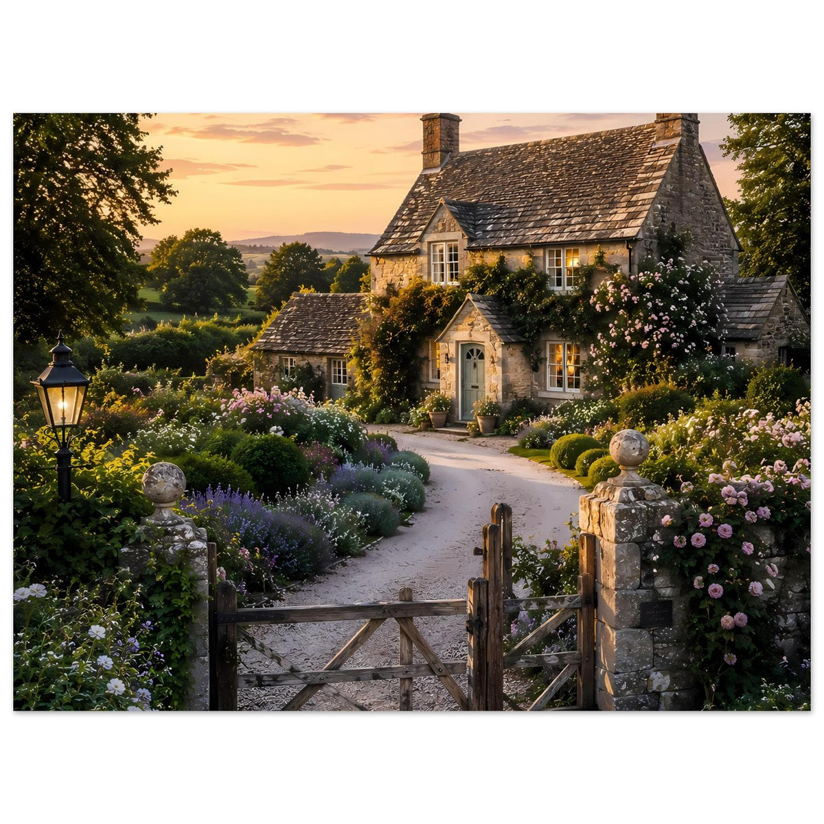 Premium-Poster: Landhaus, Blumenbeete mit Lavendel und Holztor am Gartenweg