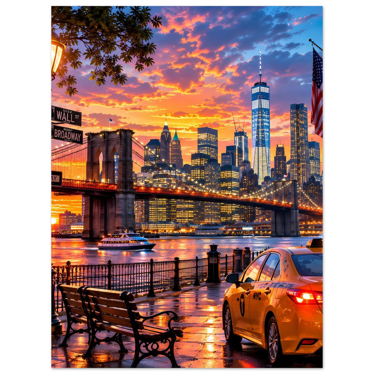 Poster mit New York City Skyline bei Sonnenuntergang, Brücke, gelbes Taxi und Sitzbank
