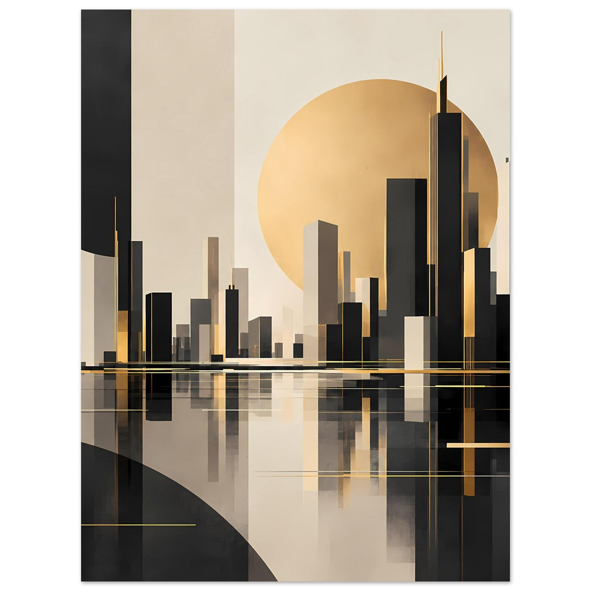 Art-Deco-Poster: goldfarbene Streaks, schwarze City-Silhouette, beiger Mondkreis mit Spiegelung.