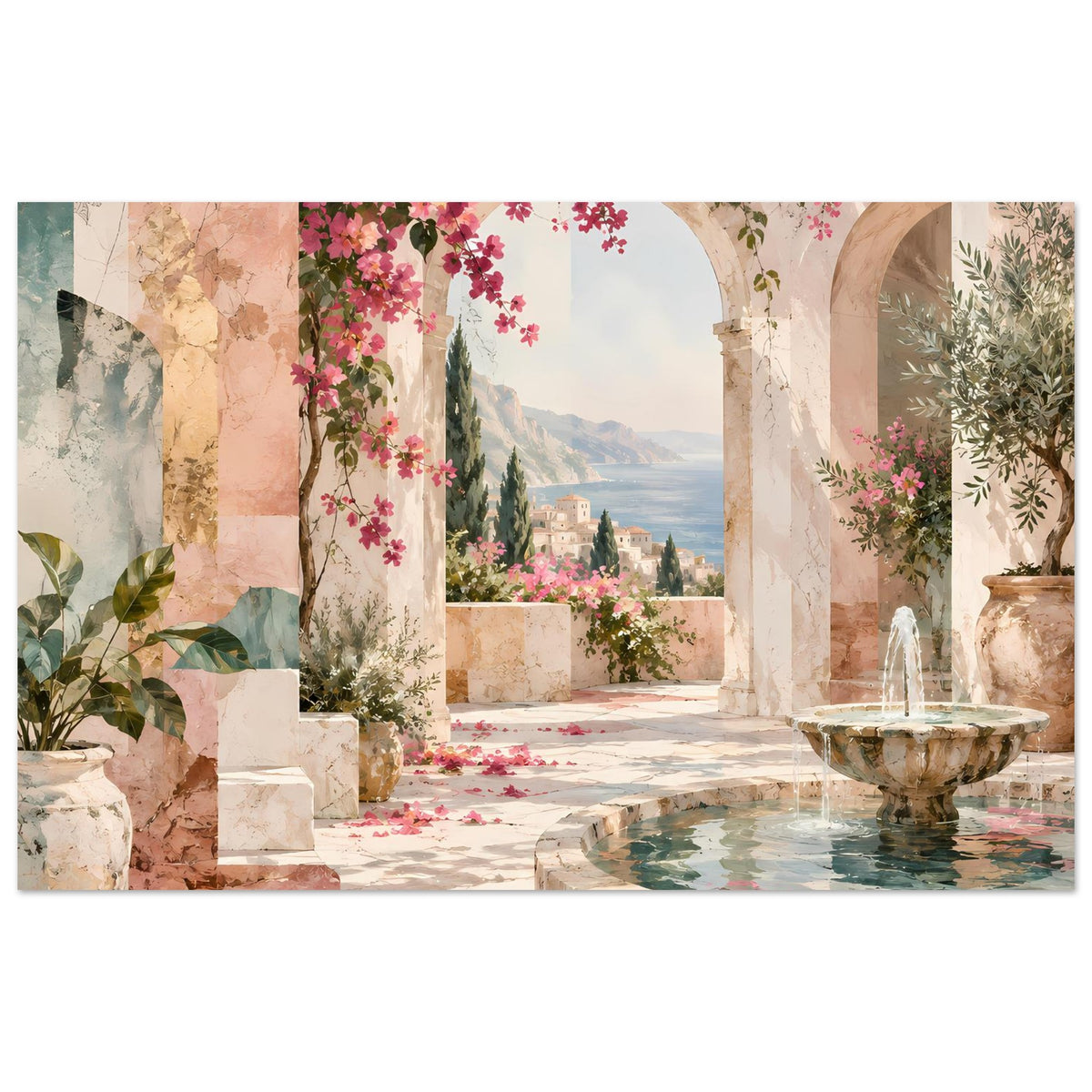 Kunstposter mit mediterraner Terrasse, Bögen, Brunnen und rosa Blüten im Hof