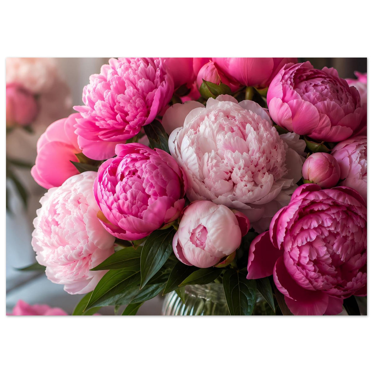 Poster: Pfingstrosen-Bouquet, dominierende Pink- und Weißblüten in Glasvase
