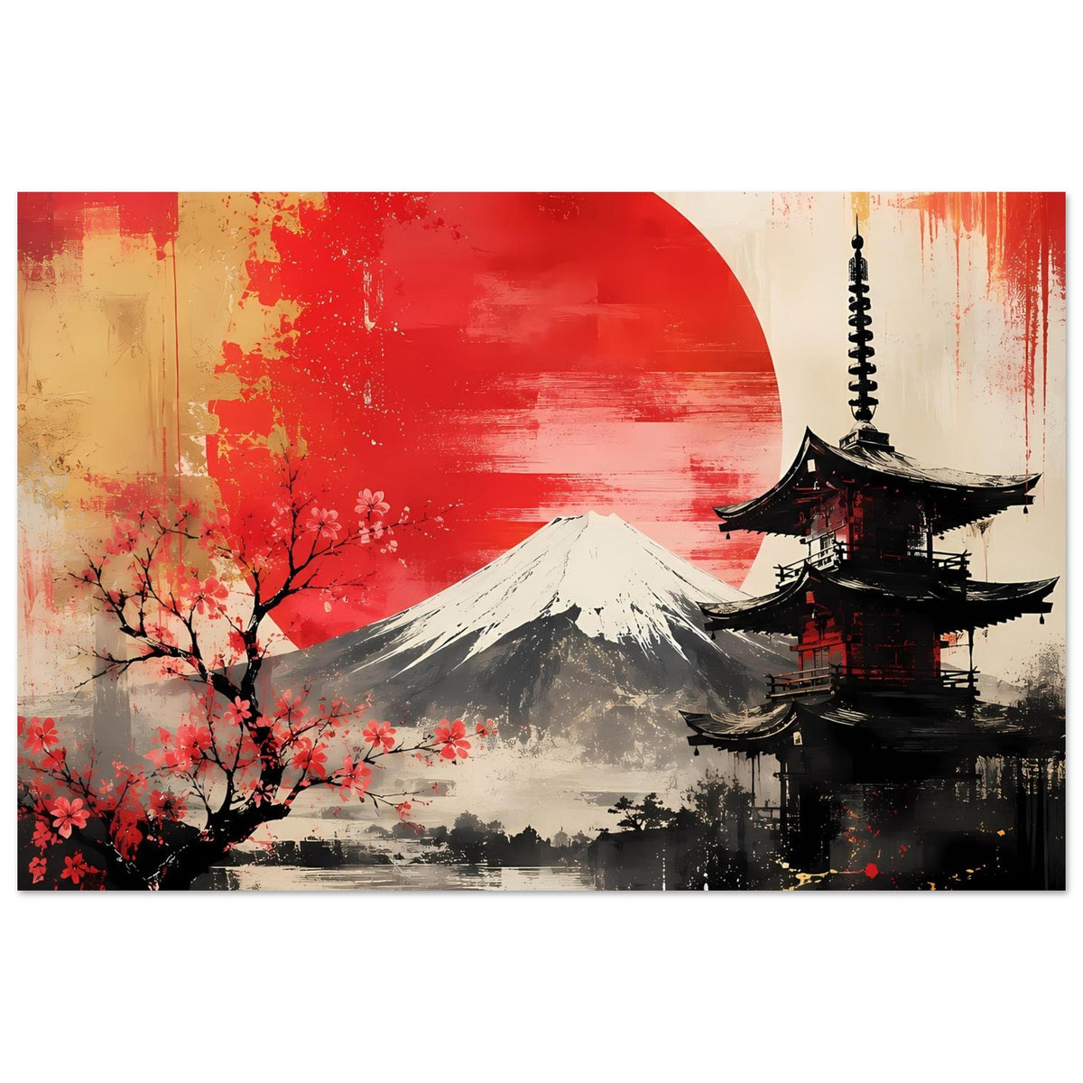 Poster Fuji mit roter Sonne und japanischer Pagode, kontrastreiche Rot- und Grautöne