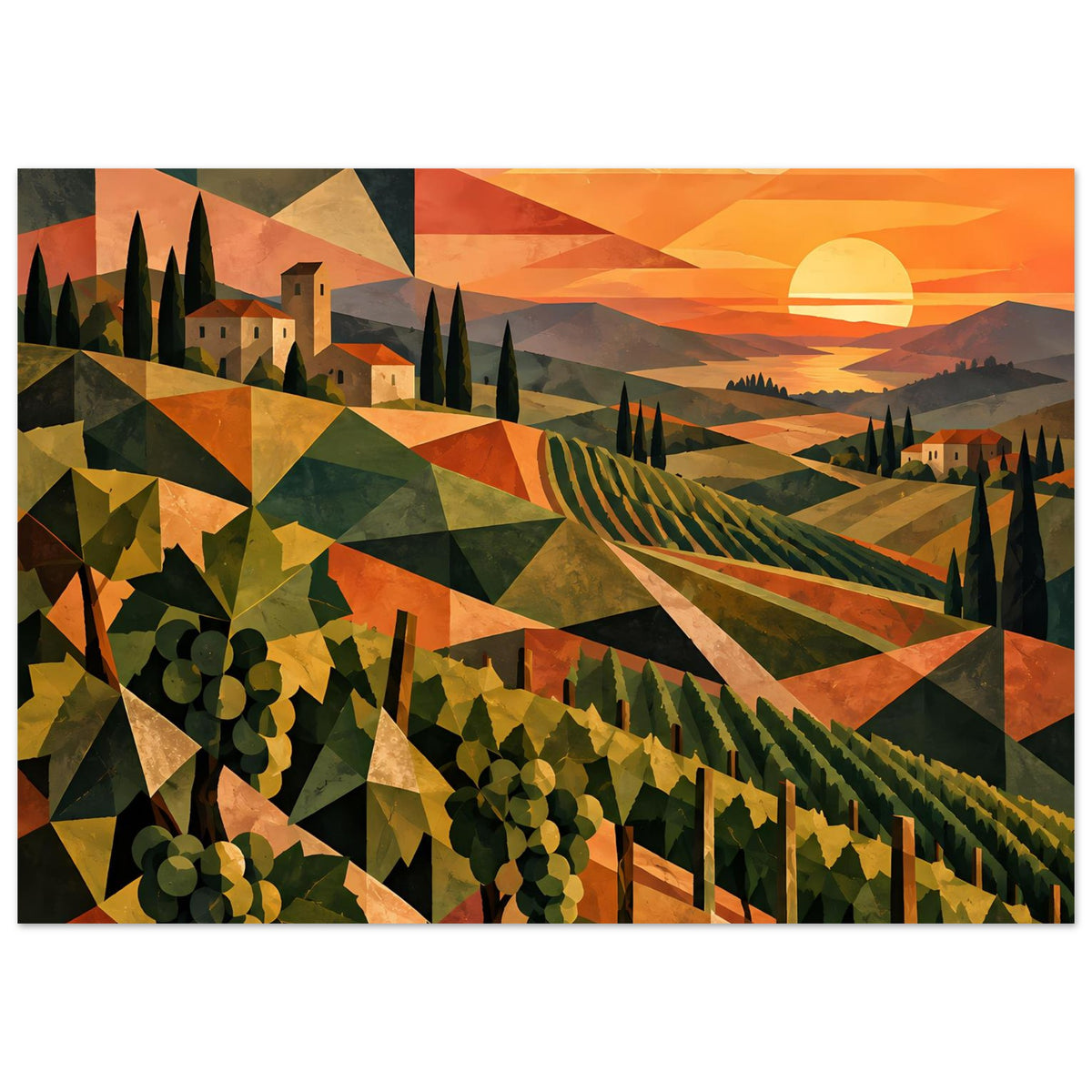 Horizontales Poster mit polygonaler Weinlandschaft, Rebenreihen und tiefem Sonnenuntergang