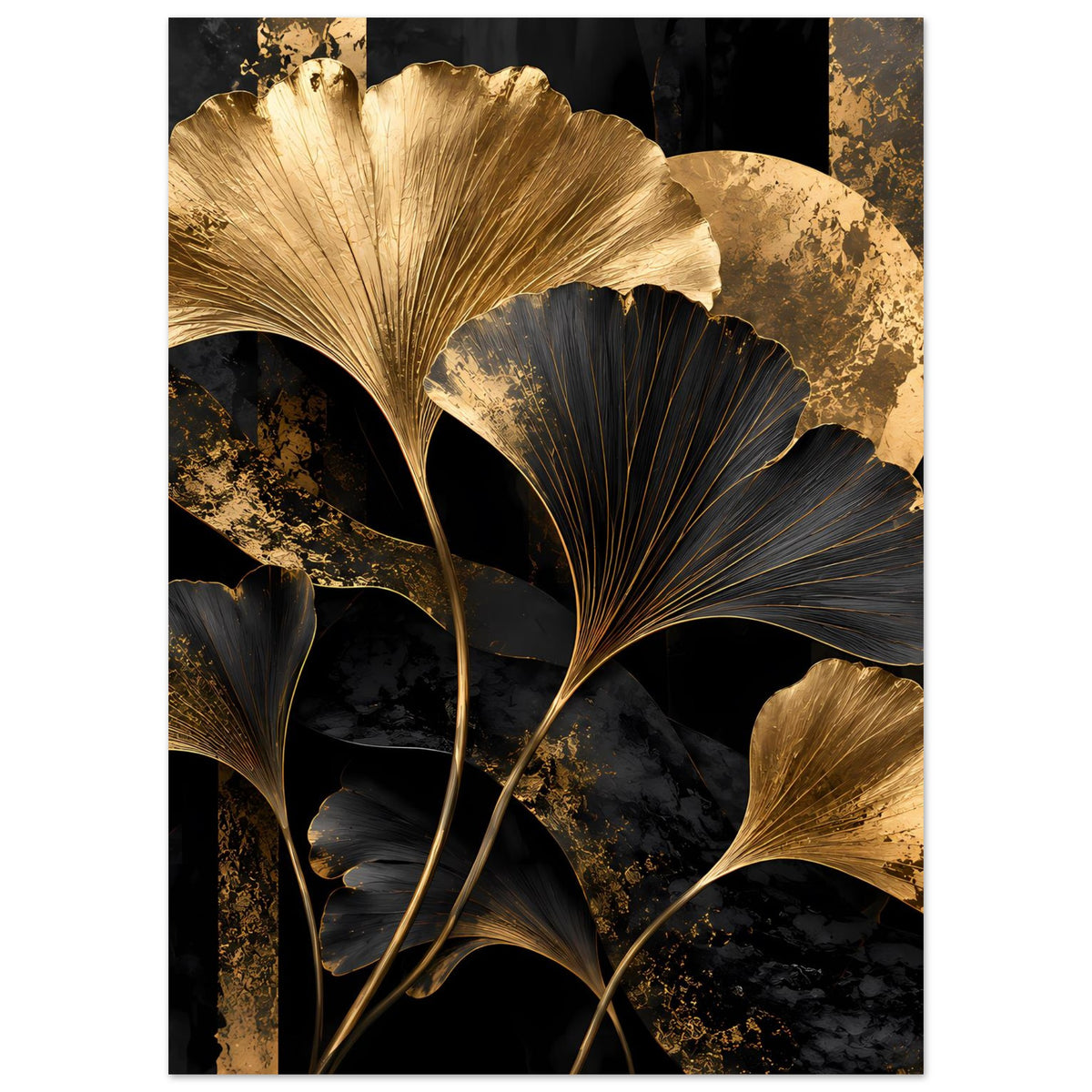 Botanisches Poster, vertikal: goldene und dunkelblaue Ginkgo-Blätter, kräftiger Blattkranz