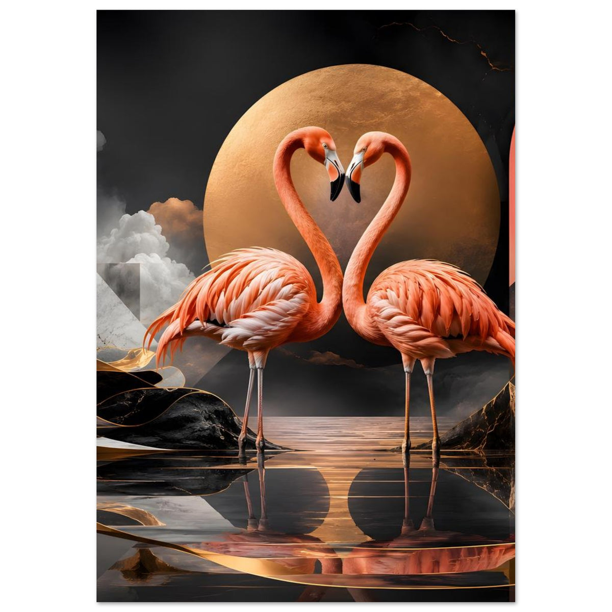 Flamingo-Kunstposter mit zwei Flamingos, goldenem Kreis und dunklem Landschaftsrand unten