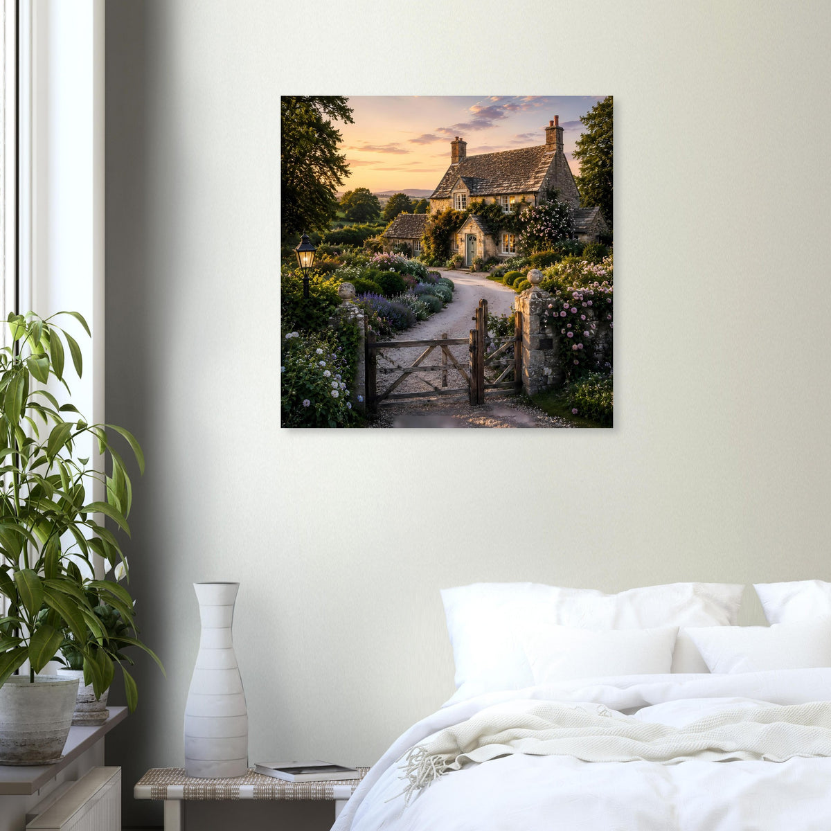 Quadratisches Poster mit Landhaus, Blumenrabatten und Holz-Torzaun im Abendlicht