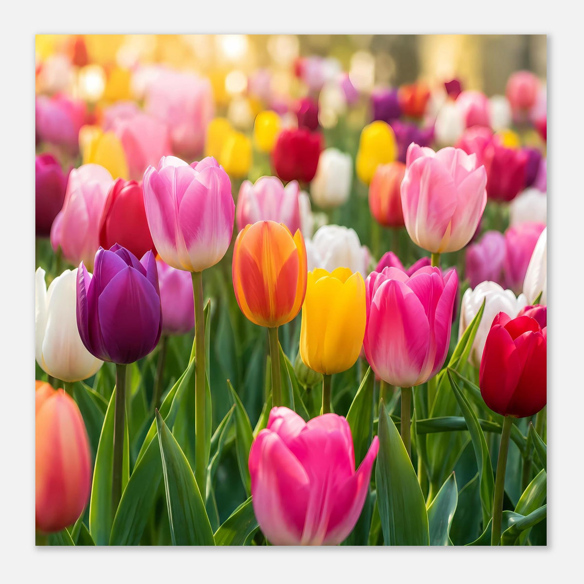 Tulpen-Gartenposter im Querformat: bunte Tulpenblüten, grüne Blätter und Stiele