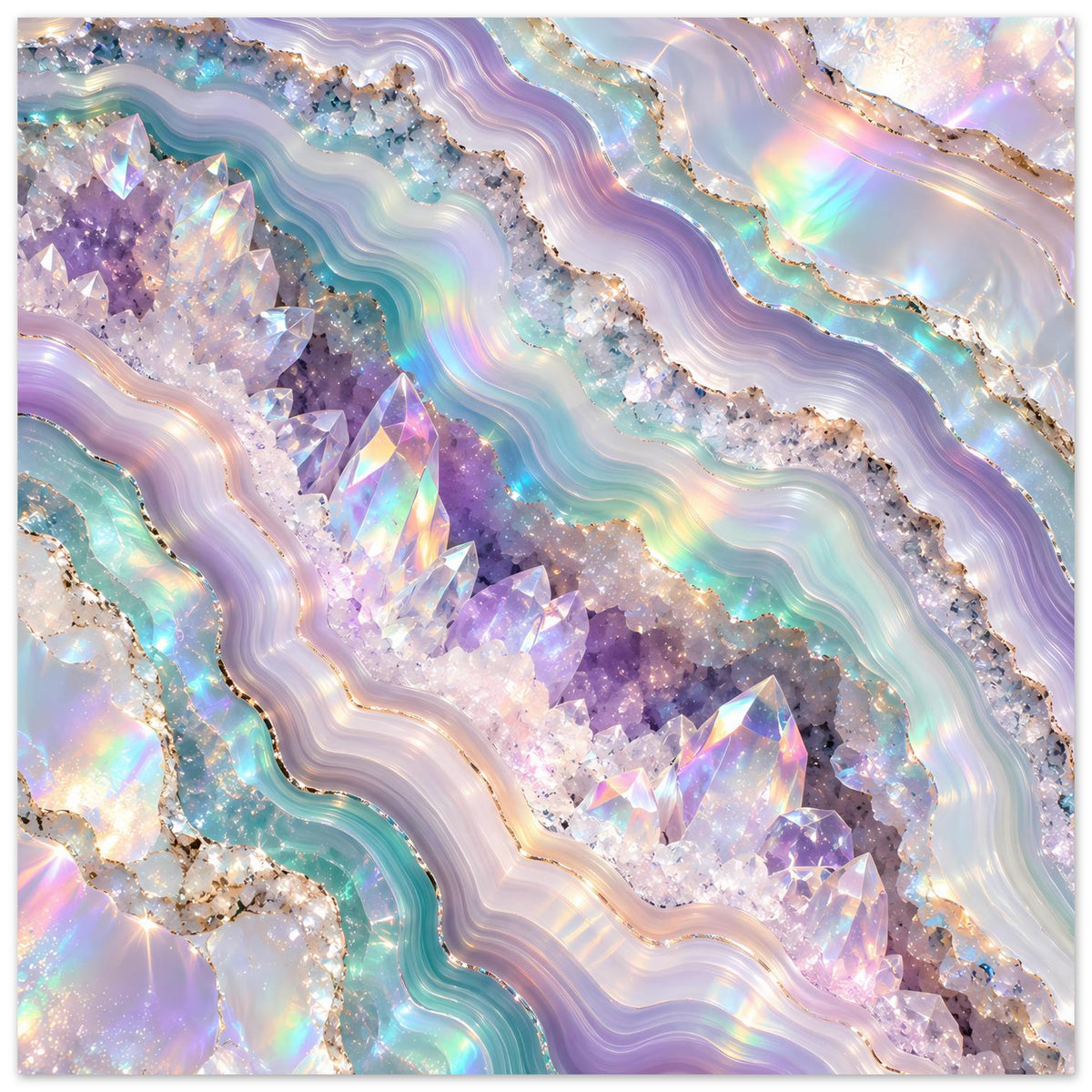 Holografisches Geode-Poster mit lila Kristallspitzen, pastellfarbenen Bändern und silbrig-goldenen Details