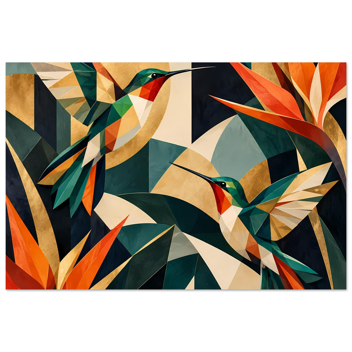 Kunstdruck mit geometrischen Kolibris in kräftigen Juwel-Tönen, horizontal