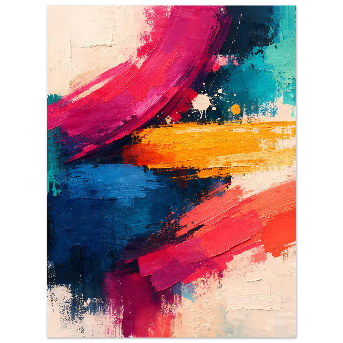 Abstraktes Poster mit Pinselstrichen in Pink, Blau, Türkis und Orange, mit Putzstruktur