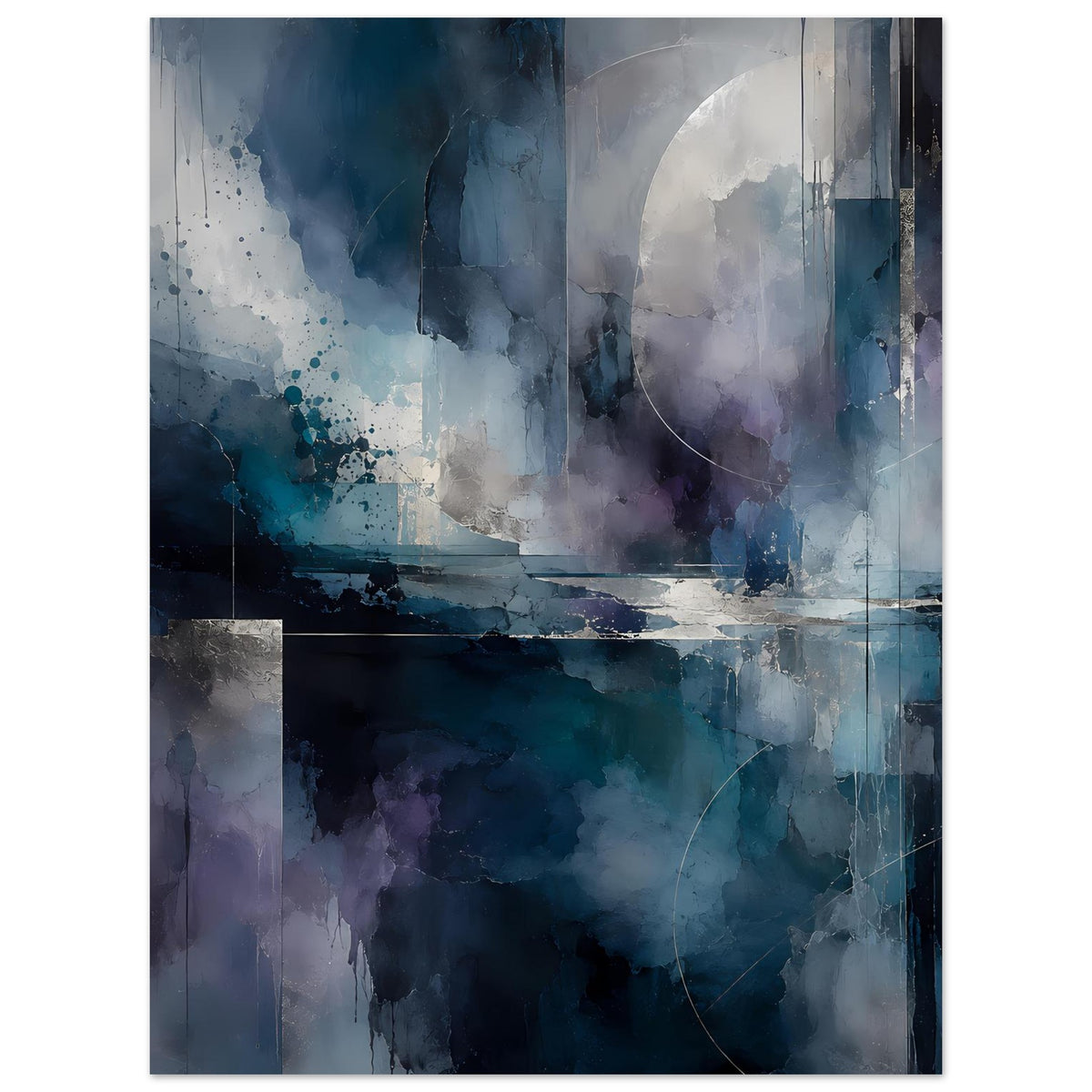 Abstraktes Kunstposter, vertikal: Blau‑ und Violetttöne mit Halbkreis und Spritzern