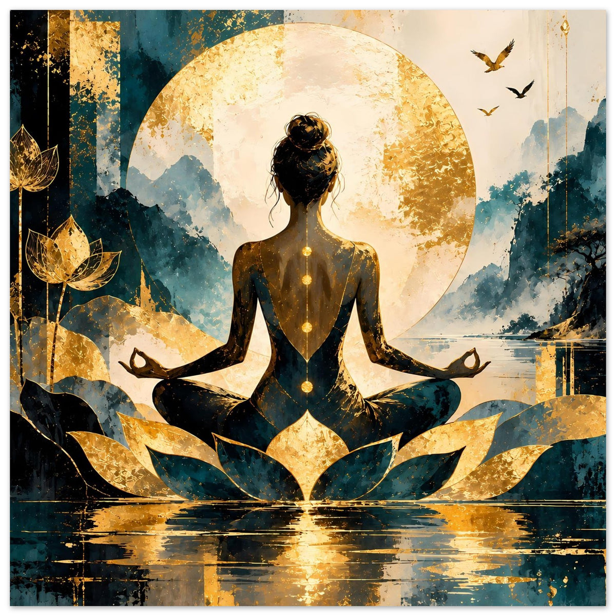 Meditationsposter im Quadratformat: Lotusfrau, goldener Kreis, Lotusblüte, Vögel und Lotusblätter