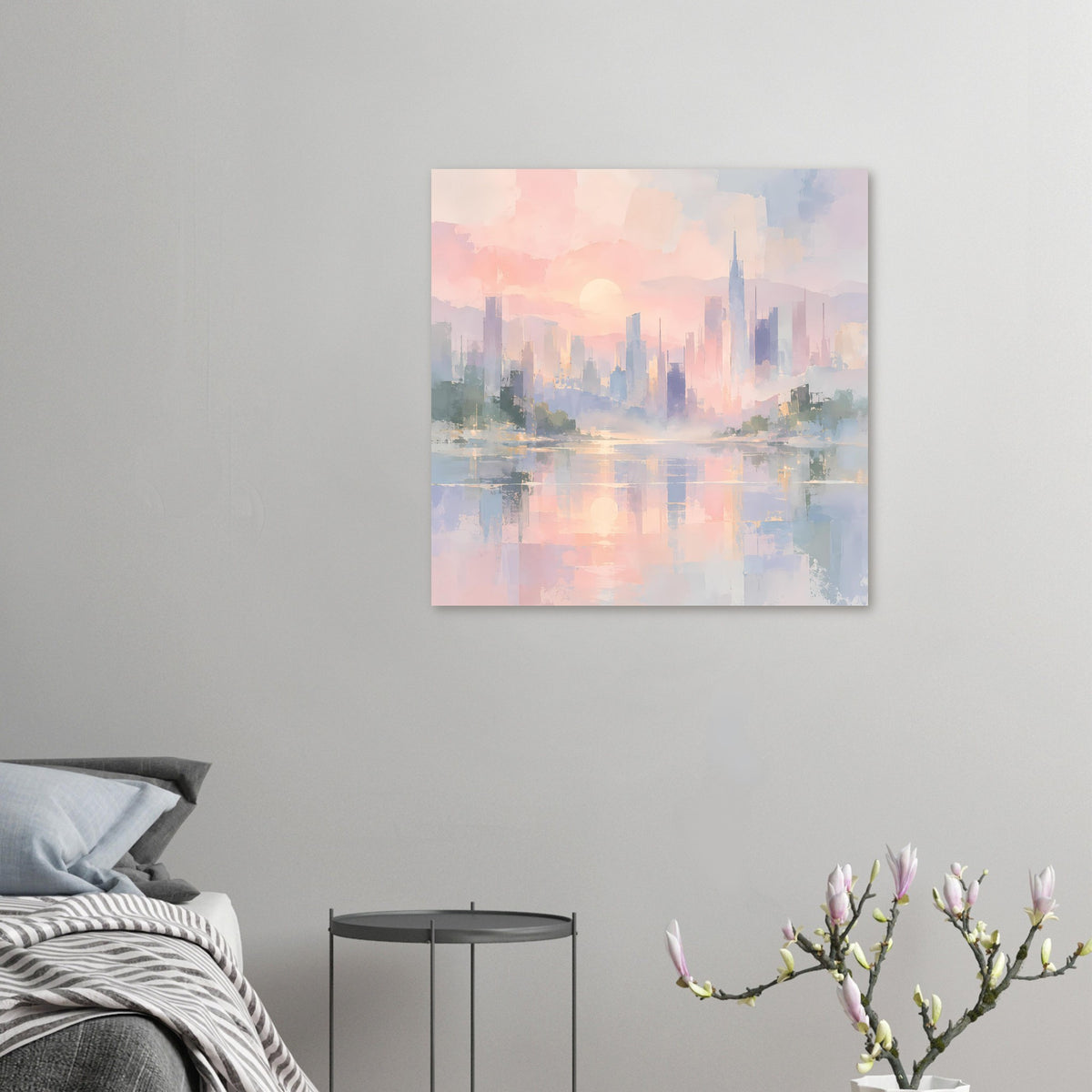 Kleines abstraktes Stadtposter mit Pastell-Skyline, Sonnenball und Wasserreflexen