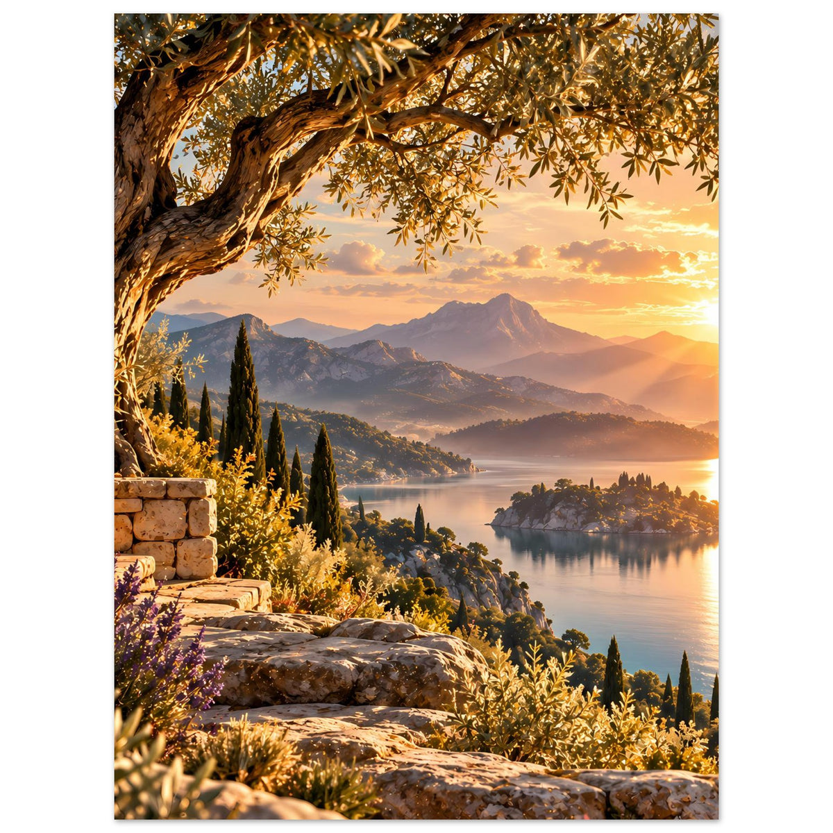 Poster im Hochformat: goldenes Licht am See, Berge, Steinterrasse und blühende Büsche