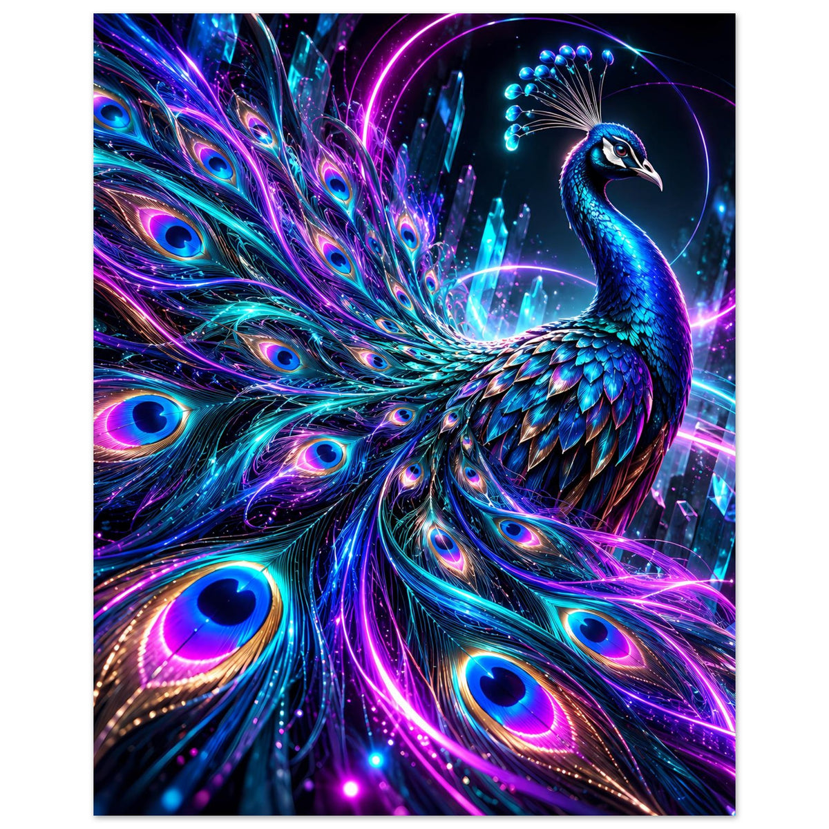 Neonfarbiges Pfau-Poster im Hochformat: blauer Pfau mit glitzernden Federn und Regenbogen-Nebeln