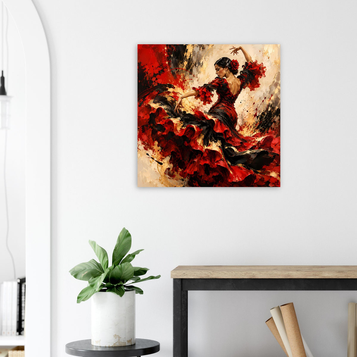 Poster mit Flamenco-Tänzerin in Rot und Schwarz, zentral im Bild