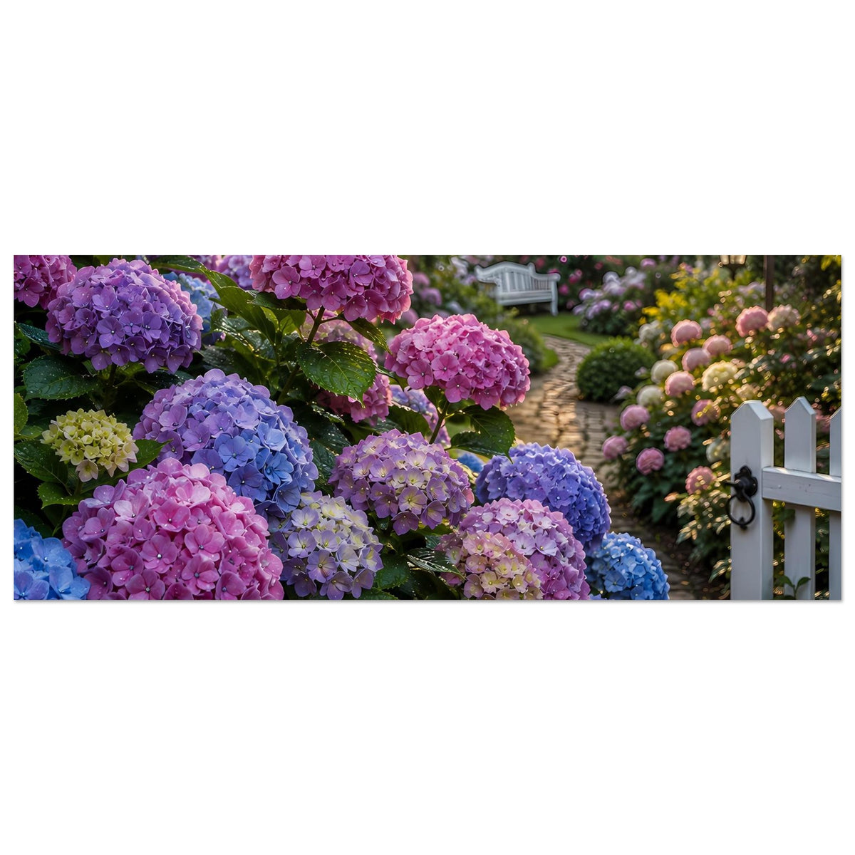 Premium Poster: lila und blaue Hortensien vor weißem Gartenzaun