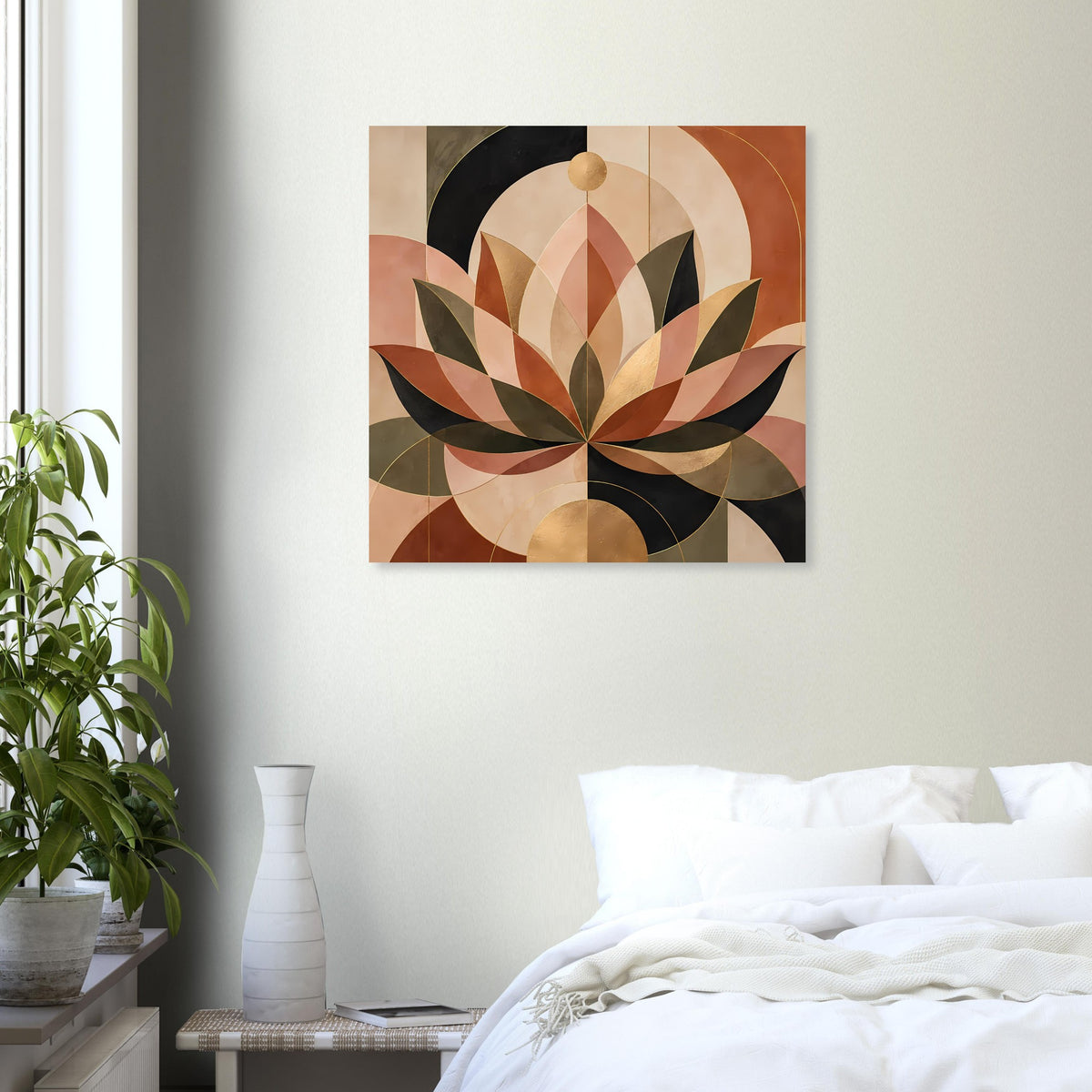 Lotus-Grafikposter in warmen Erdtönen mit goldener Mitte und geschwungenen Kreissegmenten