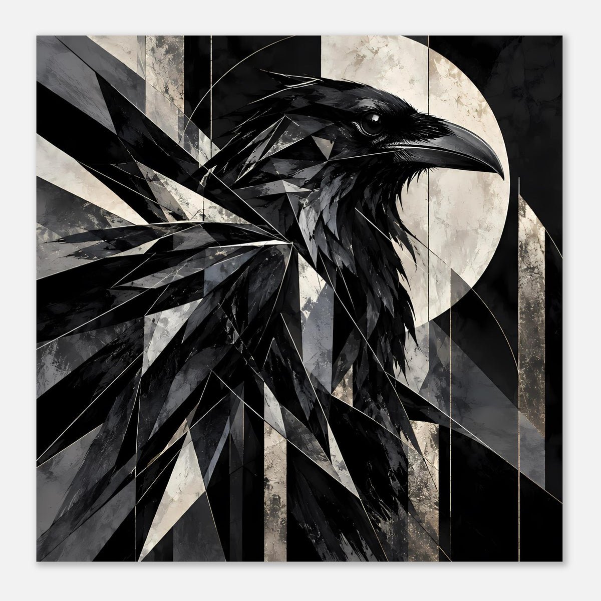 Kunstposter mit geometrischem Raben in Schwarz-Weiß, Rabenkopf im Dreiecks-Look, Querformat