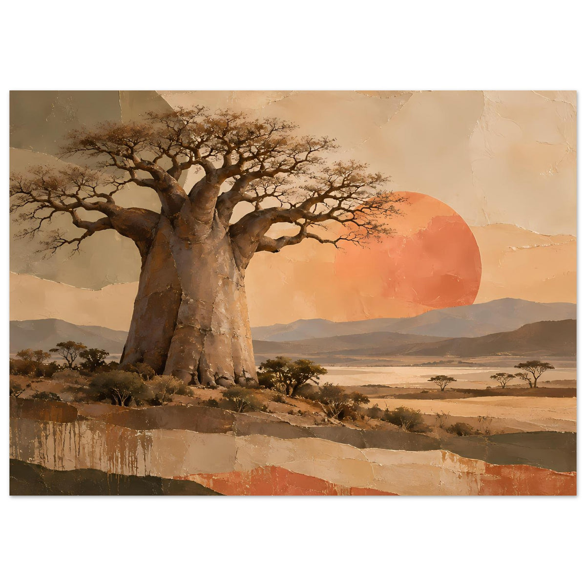 Naturposter mit großem Baobab-Baum, Sonne als Kreis und weitläufiger Savanne