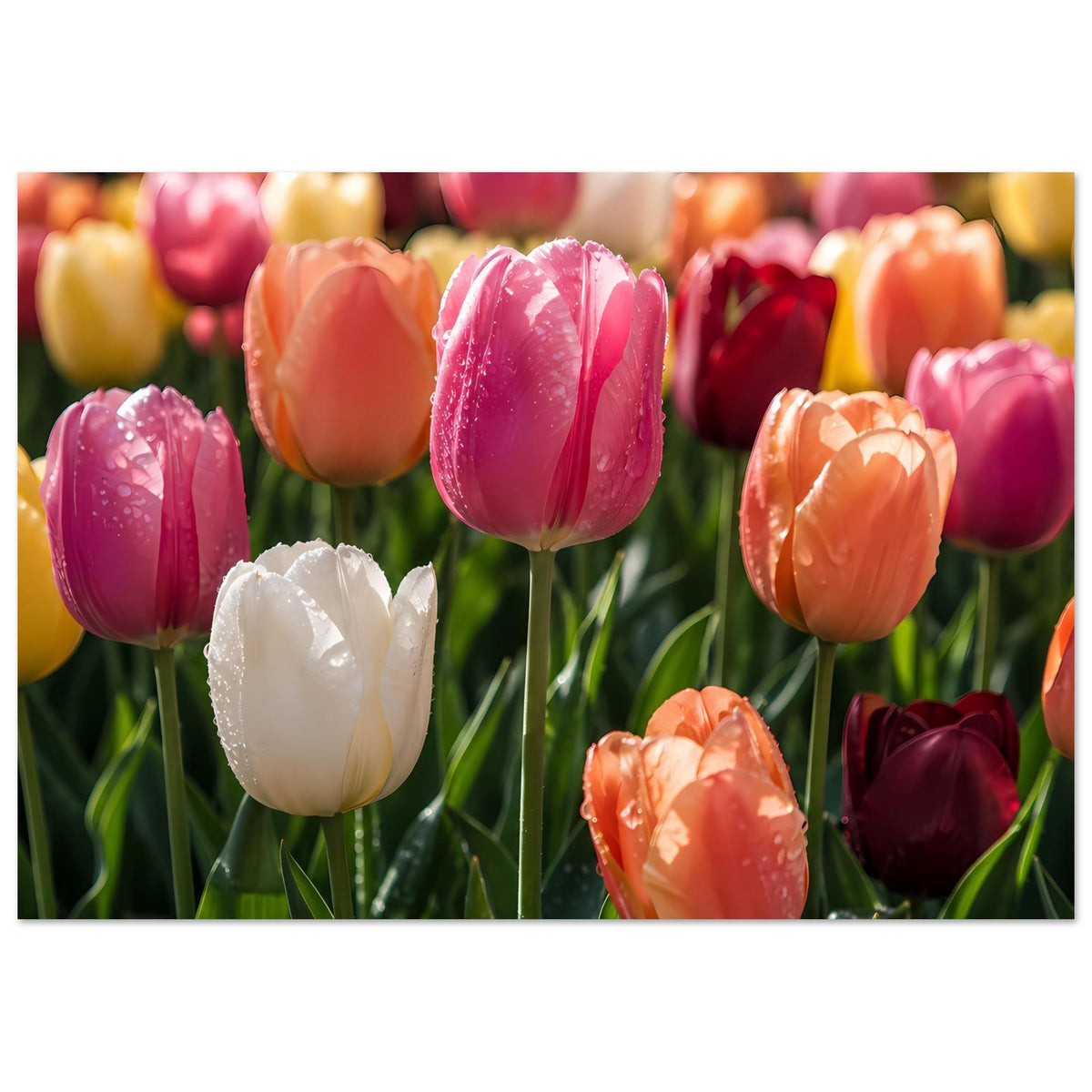 Querformatiges Tulpenposter mit dichter Blütenansammlung, gefleckten rosa und orange Tulpen