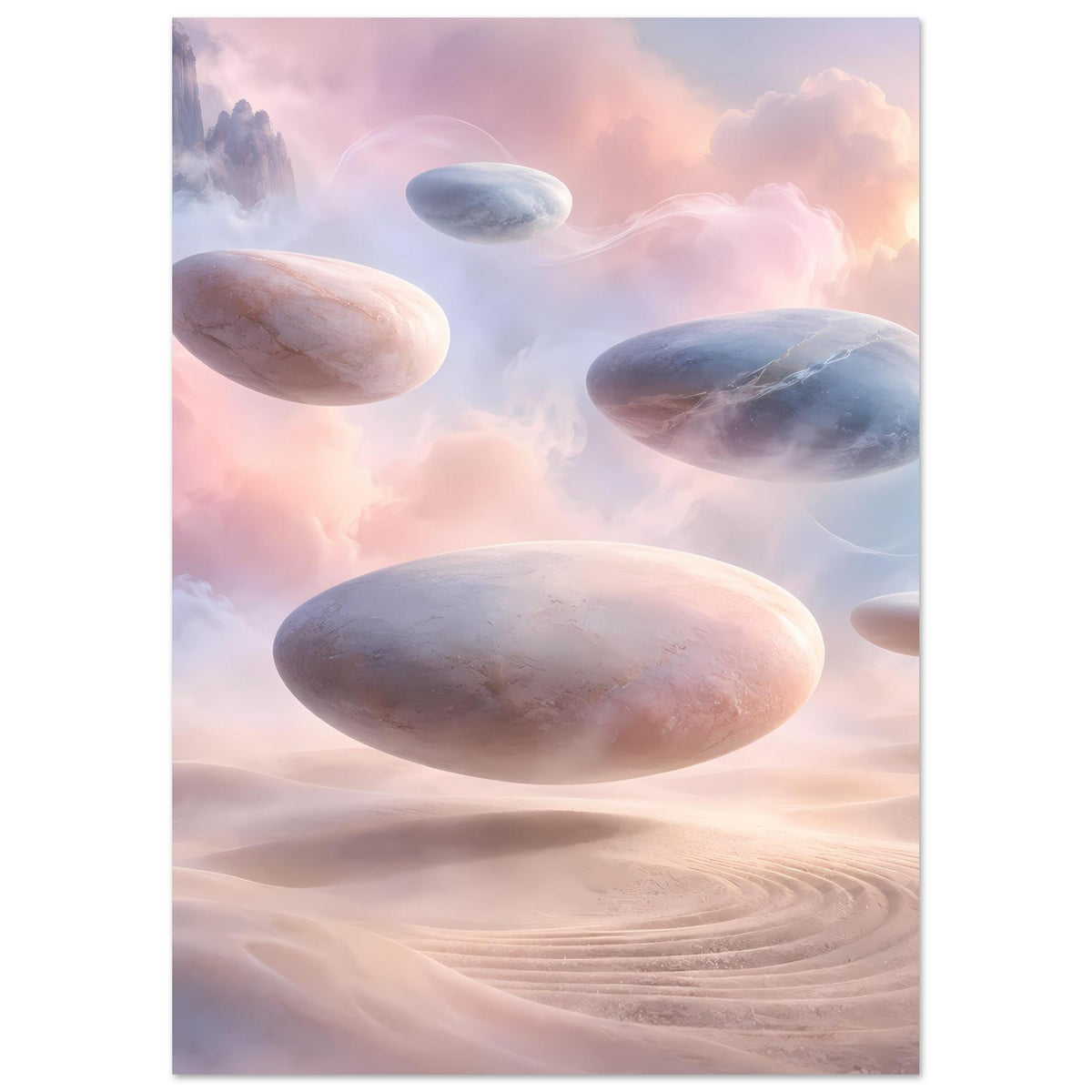 Surreales Pastellposter mit großem schwebendem Stein vorn, weiteren Steinen und rosa Wüstendünen im Wolkenhimmel