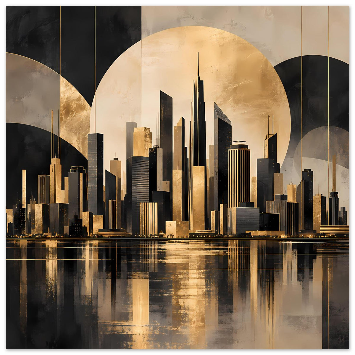 Stadtposter in Gold und Schwarz mit Skyline, dunklen Vertikallinien und Reflexion