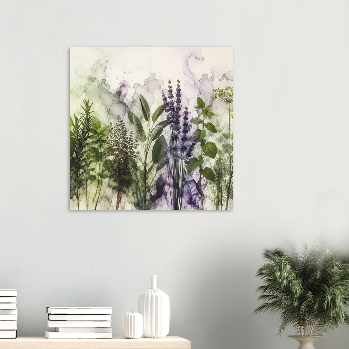 Gerahmtes botanisches Poster im Hochformat mit Lavendelblüten und Kräutergrün, Aquarell