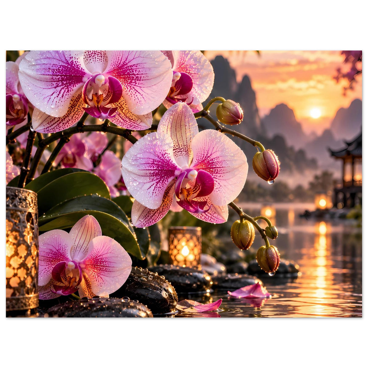 Poster mit rosa Orchideen an verzierter Stange, goldenen Kerzen und Reflexionen im See