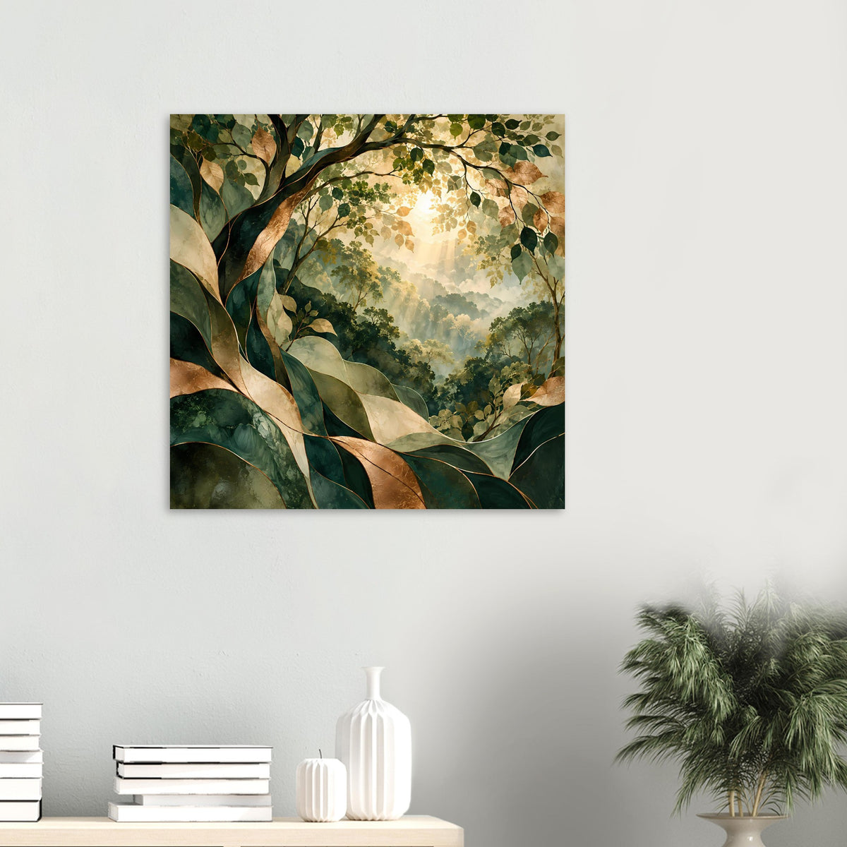 Quadratisches Natur-Poster mit grünen Blättern, goldenen Lichtern und Baumkrone