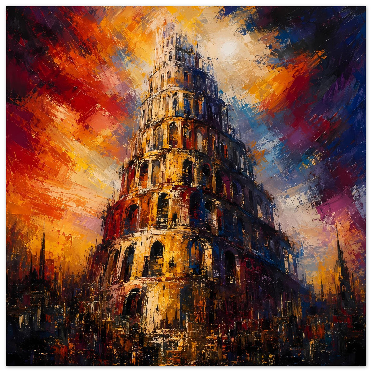 Druckposter Turm von Babel, kräftige Orange- und Blautöne, schwarzer Rand, Querformat.