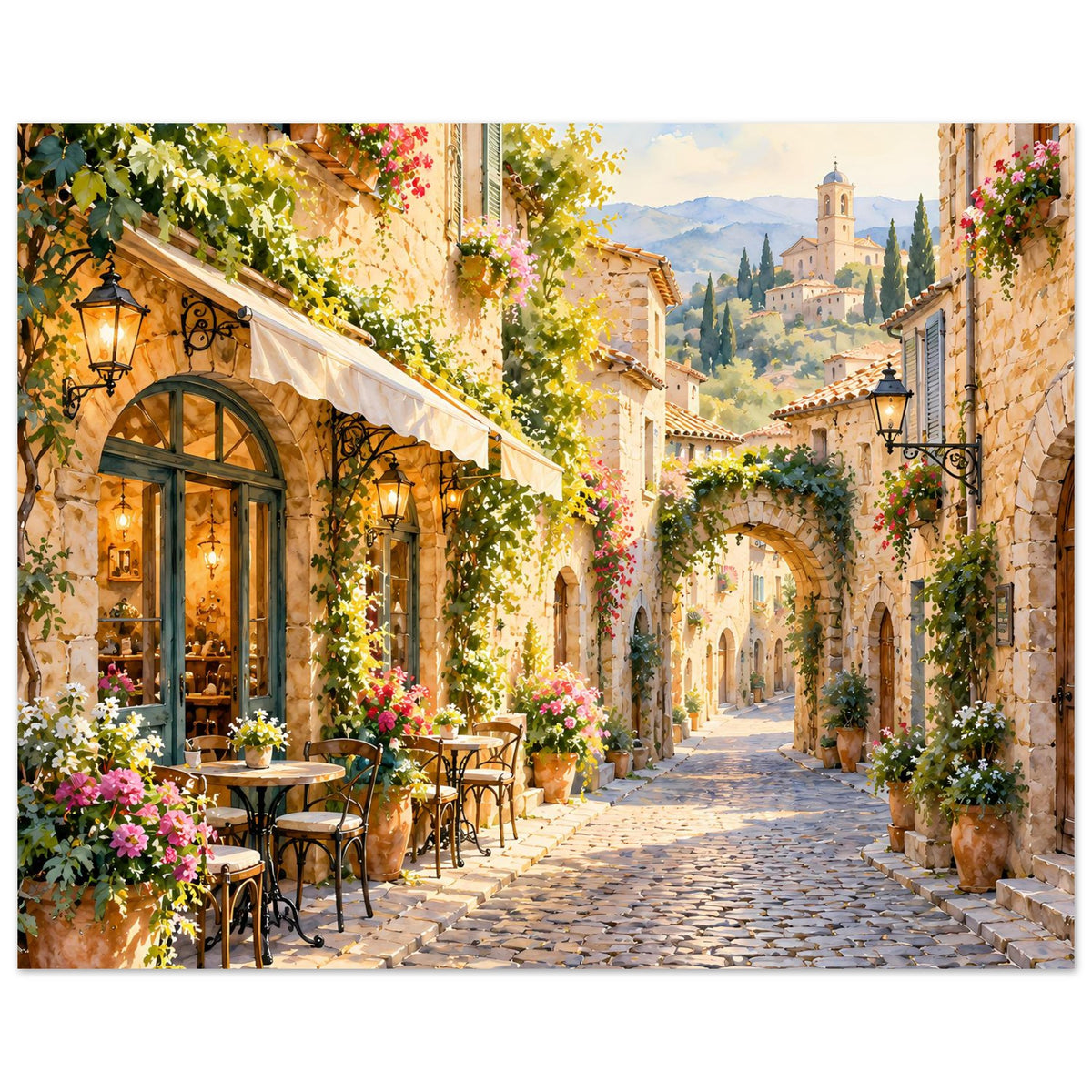 Straßen-Szenenposter einer mediterranen Gasse mit Kopfsteinpflaster, blühenden Balkonpflanzen und Torbogen