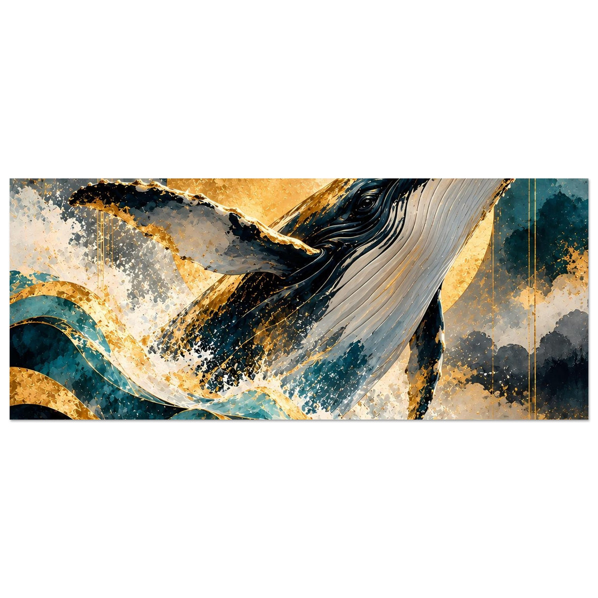 Poster: Buckelwal im goldenen Mondlicht mit blau-grauen Wellen und Spritzwasser