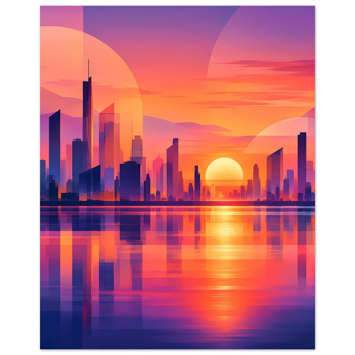 Vertikales Stadtposter mit Neon-Skyline, orangefarbenem Sonnenuntergang und Wasserspiegelung.